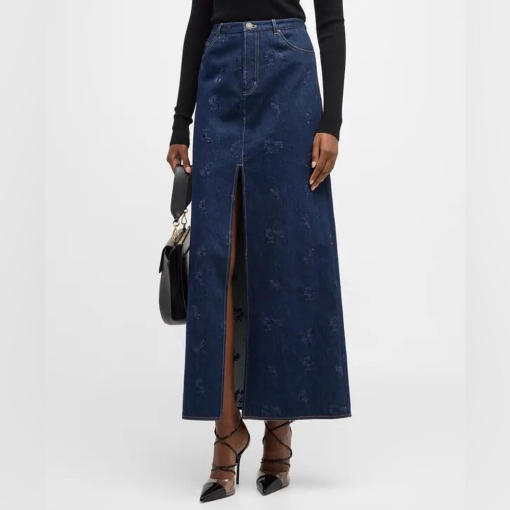 Jason Wu Blue front slit embroidered denim maxi‎ skirt